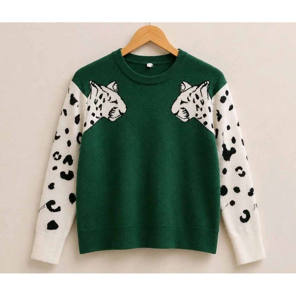 Womens L Green Leopard Sweater Animal Print Graphic Crewneck Pullover